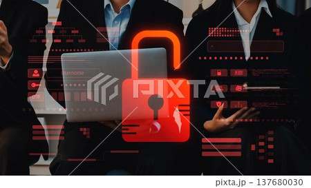 Business professionals discussing cybersecurity solutions with a laptop displaying a digital padlock representing data protection and information security threats.. Raster Business professionals discussing cybersecurity solutions with a laptop displaying a digital padlock representing data protection and information security threats.. Raster 137680030