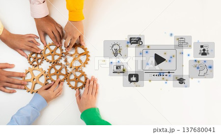 Collaborative Hands Working on Gears with Digital Media Icons in Modern Workspace, Symbolizing Teamwork and Innovation in Business Environment. Raster Collaborative Hands Working on Gears with Digital Media Icons in Modern Workspace, Symbolizing Teamwork and Innovation in Business Environment. Raster 137680041