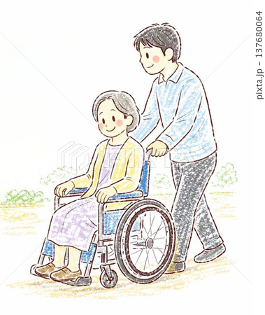 車椅子の高齢の母を押して歩く息子 137680064