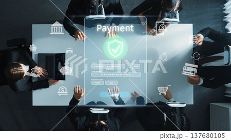 Innovative Digital Payment Process Illustrated with Secure Transaction Interface and Professional Business Team Collaborating Around Conference Table. Raster 137680105