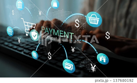 Digital Payment Success Concept with Icons Representing Transactions, Security, Shopping Cart, and Currency Exchange in Modern Online Banking Gluon 137680192