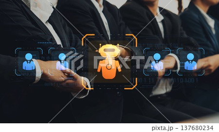 Professional Team Collaboration with Digital Interface and Data Analysis Concept Showcasing Modern Workspace and Technology Integration. Raster 137680234