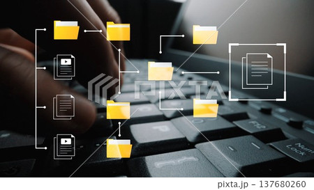 Digital organization and data management concept with folders and documents on a keyboard, symbolizing productivity and information flow in the workspace Gluon 137680260