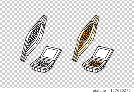 一組彩色和黑白納豆（發酵大豆）插圖。 137680276