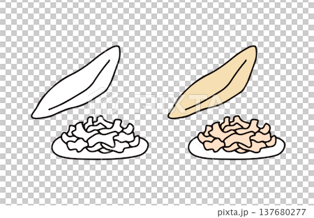 A set of illustrations of bonito flakes in color and black and white. A set of illustrations of bonito flakes in color and black and white. 137680277