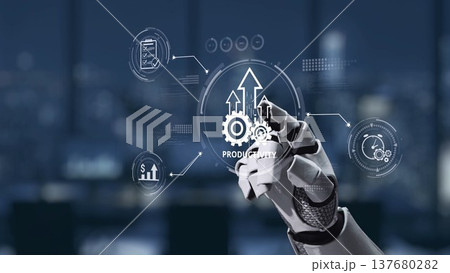 Robot Hand Interacting with Digital Productivity Interface in a Modern Office Environment Highlighting Automation and Future Technology Concepts Synapse 137680282
