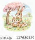 Illustration of a cheerful Easter bunny sitting under a blooming tree with pink flowers. The bunny holds a wicker basket filled with colorful, patterned Easter eggs 137680320