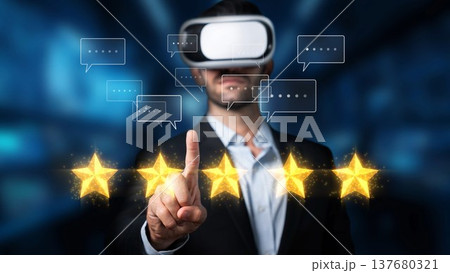 Businessman in Virtual Reality Headset Engaging with Feedback and Ratings in Digital Space, Delivering Five Star Experience and Customer Satisfaction Interaction. Raster Businessman in Virtual Reality Headset Engaging with Feedback and Ratings in Digital Space, Delivering Five Star Experience and Customer Satisfaction Interaction. Raster 137680321
