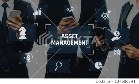 Professionals Engaged in Asset Management with Digital Devices and Graphical Interfaces Representing Financial Growth and Success in Modern Business Environment. Raster 137680341