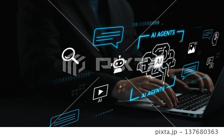 Modern Hands Typing on Laptop Surrounded by AI Agent Icons and Symbols Representing Technology, Innovation, and Communication in Dark Environment Gluon 137680363