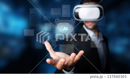 Man in Virtual Reality Headset Interacting with AI Technology Interface, Digital Data Visualization, Futuristic Concept of Artificial Intelligence and Innovation. Raster 137680365