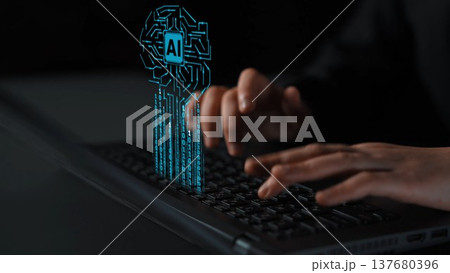 Hands Typing on a Keyboard with Floating AI Symbol Representing Artificial Intelligence and Data Processing in a Dark Environment Gluon Hands Typing on a Keyboard with Floating AI Symbol Representing Artificial Intelligence and Data Processing in a Dark Environment Gluon 137680396