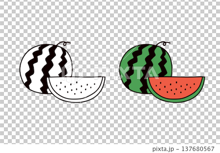色ありと白黒のスイカのイラストセット 色ありと白黒のスイカのイラストセット 137680567