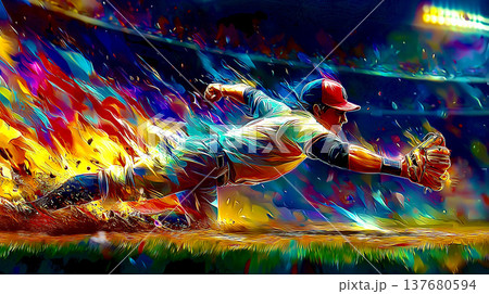 勝負の瞬間をつかむ、全力ダイビングキャッチの野球アクションアート 137680594