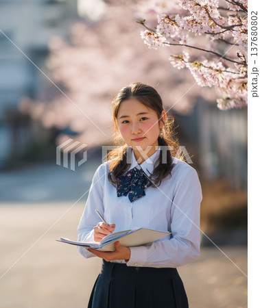 桜の前で本を持つ女子学生 春 学校の風景 137680802
