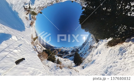 Tiny Planet Alpine Valley View with Ski Poles and Snowy Terrain Tiny Planet Alpine Valley View with Ski Poles and Snowy Terrain 137680832