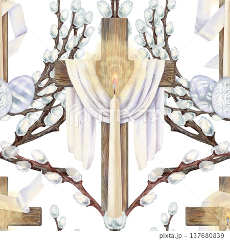 Easter seamless pattern with cross surrounded by willow branches and Easter eggs. Religious watercolor spring design o white background for for church, greeting card, print, textile, packaging Easter seamless pattern with cross surrounded by willow branches and Easter eggs. Religious watercolor spring design o white background for for church, greeting card, print, textile, packaging 137680839