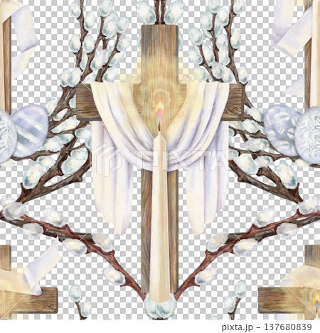 Easter seamless pattern with cross surrounded by willow branches and Easter eggs. Religious watercolor spring design o white background for for church, greeting card, print, textile, packaging Easter seamless pattern with cross surrounded by willow branches and Easter eggs. Religious watercolor spring design o white background for for church, greeting card, print, textile, packaging 137680839