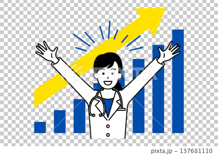 一位女醫生歡呼慶祝,並展示了一張穩定上升的圖表。 一位女醫生歡呼慶祝,並展示了一張穩定上升的圖表。 137681110