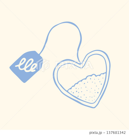Romantic hand-drawn vector of a heart shaped tea bag with a label. Minimalist blue line art perfect for Valentines Day, wedding invitations, tea shop branding, and cozy lifestyle designs 137681342
