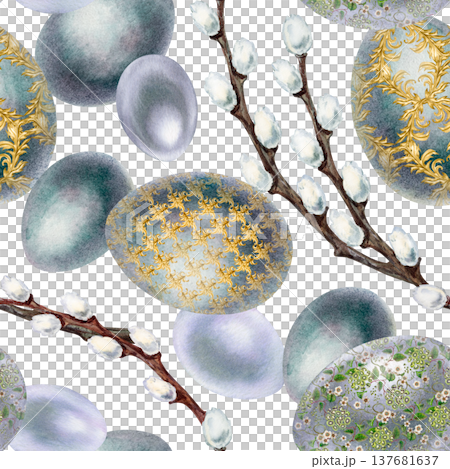 Watercolor Easter pattern with decorated eggs and willow branches in soft spring palette. Seamless design perfect for fabric printing, stationery, packaging, greeting cards, scrapbook, branding Watercolor Easter pattern with decorated eggs and willow branches in soft spring palette. Seamless design perfect for fabric printing, stationery, packaging, greeting cards, scrapbook, branding 137681637