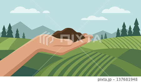 Hand holding fertile soil above green farmland symbolizing agriculture sustainability nature conservation Hand holding fertile soil above green farmland symbolizing agriculture sustainability nature conservation 137681948