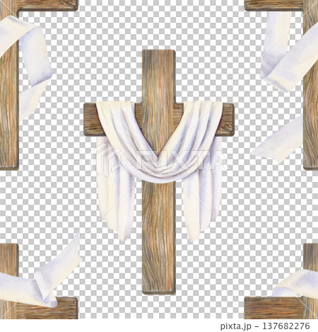 Cristian seamless pattern with wooden cross and draped cloth. Minimal Easter watercolor design on white background for church, religious stationery, fabric printing, greeting cards, packaging 137682276