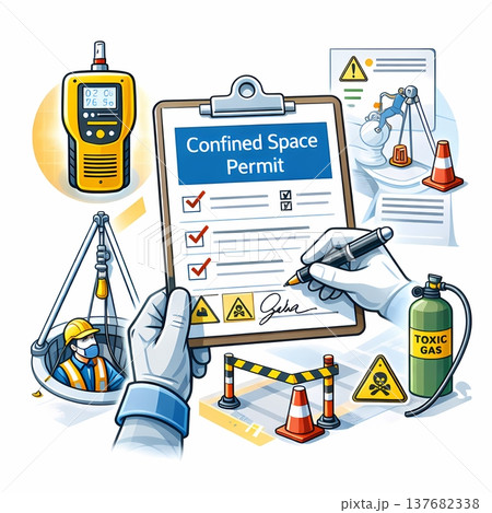 閉鎖空間作業許可とガス検知の安全管理イラスト コンファインドスペース作業手順 閉鎖空間作業許可とガス検知の安全管理イラスト コンファインドスペース作業手順 137682338