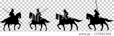 馬に乗った戦国武士のシルエット4点セット、槍を持つ騎馬武者、編集可能なベクターイラスト 137682368