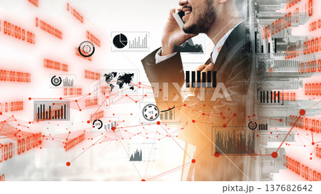 Professional businessman communicating by phone amidst digital graphs and charts representing data analytics and statistical growth trends in finance xenic Professional businessman communicating by phone amidst digital graphs and charts representing data analytics and statistical growth trends in finance xenic 137682642