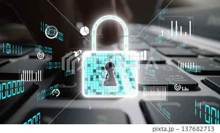 Digital Security Concept with Cyber Lock Over Laptop Keyboard and Data Visualization for Cyber Protection and Privacy in Online Transactions xenic 137682713