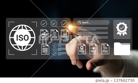 Digital Interface for ISO Compliance and Quality Assurance with Documents, Icons, and Touchscreen Interaction in Business Setting Gantry Digital Interface for ISO Compliance and Quality Assurance with Documents, Icons, and Touchscreen Interaction in Business Setting Gantry 137682730