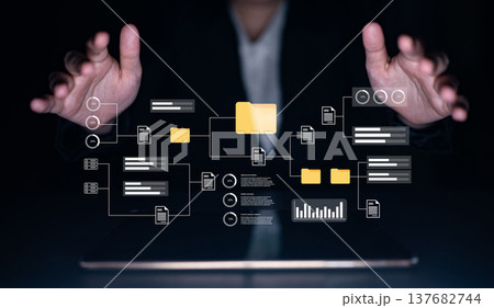 Futuristic digital interface visualization with hands presenting data analytics, document management, and workflow organization for modern business solutions Gantry 137682744