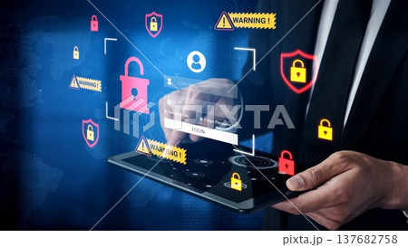 Digital security concept with padlocks, warning signs, and a person using a tablet for online login and password access in a modern technology environment Gluon 137682758