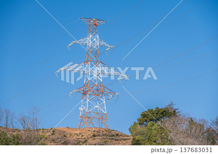 山の上に立つ送電線鉄塔　滋賀県長浜市近江塩津 137683031
