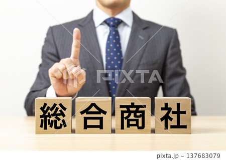 「総合商社」と書かれたブロックとビジネスマン 「総合商社」と書かれたブロックとビジネスマン 137683079