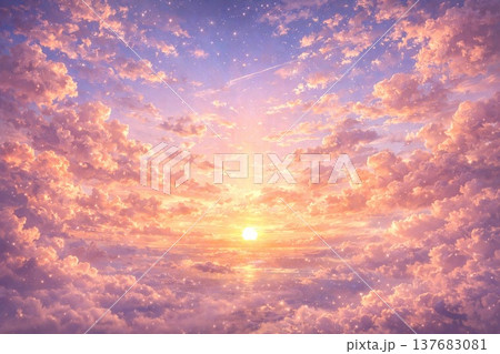 AI生成 幻想的な夕焼け空と雲の風景 美しい光の空背景素材 137683081