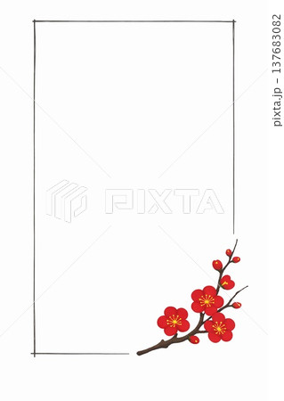 AI生成 赤い梅の花のシンプルフレーム 白背景の和風デザイン素材 コピースペースあり 137683082