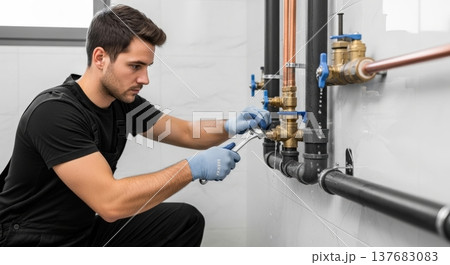 配管の水漏れ修理をしている配管工の作業風景、パイプレンチで水道配管を修理する設備工事、メンテナンス作 137683083