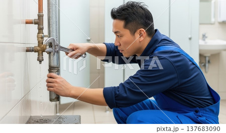 配管の水漏れ修理をしている配管工の作業風景、パイプレンチで水道配管を修理する設備工事、メンテナンス作 配管の水漏れ修理をしている配管工の作業風景、パイプレンチで水道配管を修理する設備工事、メンテナンス作 137683090