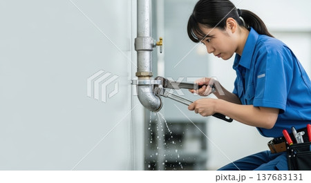 配管の水漏れ修理をしている女性配管工の作業風景、パイプレンチで水道配管を修理する設備工事、メンテナン 137683131