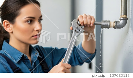 配管の水漏れ修理をしている女性配管工の作業風景、パイプレンチで水道配管を修理する設備工事、メンテナン 137683132