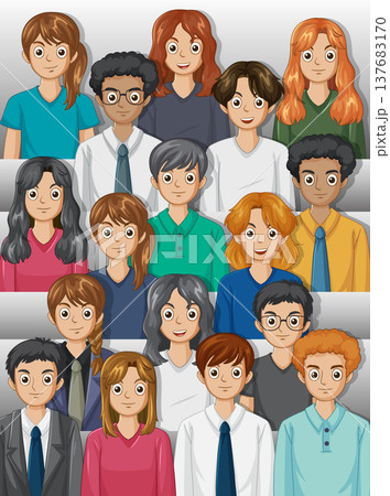 Diverse Group of Students and Professionals Sitting on Bleachers Illustration Diverse Group of Students and Professionals Sitting on Bleachers Illustration 137683170