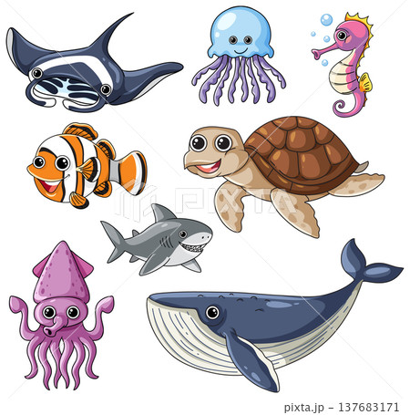 Collection of Cute Cartoon Sea Animals and Marine Life Illustrations 137683171