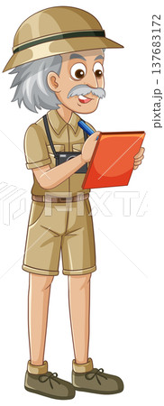 Elderly Male Scientist in Safari Outfit Writing on a Clipboard 137683172