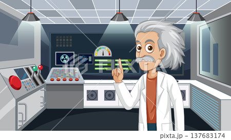 Senior Scientist Character Pointing Up in a High Tech Laboratory Senior Scientist Character Pointing Up in a High Tech Laboratory 137683174