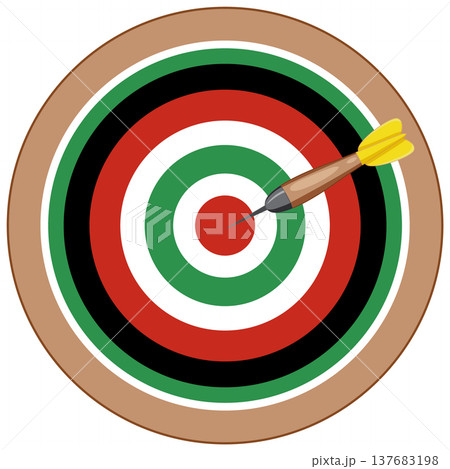 Colorful Dartboard Illustration with a Single Dart Hitting the Bullseye Colorful Dartboard Illustration with a Single Dart Hitting the Bullseye 137683198