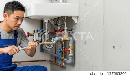 シンク下の水漏れ修理をする配管工の作業風景、水道事業者による配管修理とDIYメンテナンス、広告用コピ 137683202