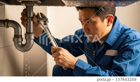 シンク下の水漏れ修理をする配管工の作業風景、水道事業者による配管修理とDIYメンテナンス、広告用コピ シンク下の水漏れ修理をする配管工の作業風景、水道事業者による配管修理とDIYメンテナンス、広告用コピ 137683208