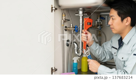 シンク下の水漏れ修理をする配管工の作業風景、水道事業者による配管修理とDIYメンテナンス、広告用コピ 137683214